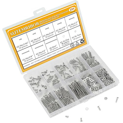 254 Pieces #2-56 x 3/16", 1/4", 5/16", 3/8", 1/2", 5/8", 3/4", 1", Phillips Countersunk Head Machine Screws Nuts Washers Assortment Kit - size: #2-56, style: Phillips Countersunk Head