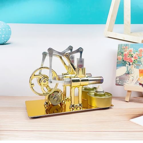 MagicTech Hot Air Stirling Engine Double Cylinder Electricity Power Metal Physics Assembly Model Golden JY38 - size: 6.3 x 3.43 x 4.6 Inch