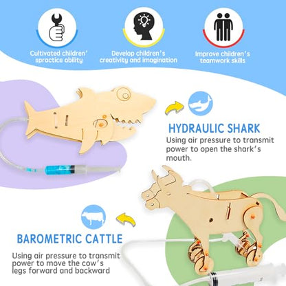 STEM Building Kit, 6-in-1 DIY Animal Construction Set with Hydraulic Shark, Clock Owl, Moving Cattle, Wooden Educational Science Toy for Ages 6+ (4)