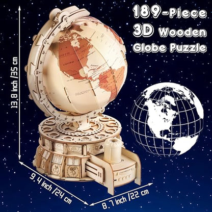 Elcoho 189-Piece 3D Wooden Globe Puzzle for Adults - 24 x 22 x 35cm Illuminated Globe DIY Model Kit with Stand Built-in LED Music Starry Projector Slide Box Stem Gifts for Adults/Teens