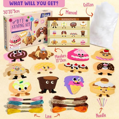 Toylink DIY Sewing Kit for Kids Ages 4-12, 12 Dessert Felt Craft Kit with Pre-Punched Holes, Blunt Plastic Needles, Cotton Stuffing - First Sewing Kit STEM Learning Toys for Girls Boys Birthday Gift - style: Dessert 1
