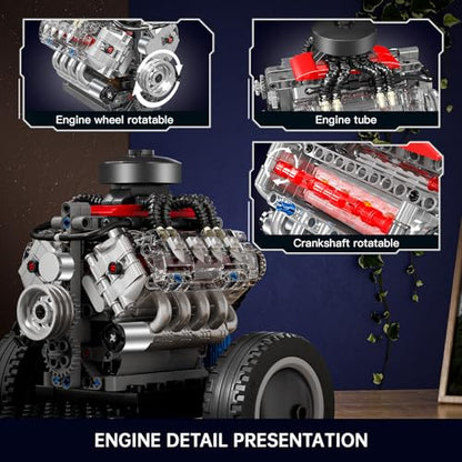 Mould King Mini V8 Engine Kits That Runs, Build Your Own Visible Car Motor, Physical Science Experiment Models for Teens, Best STEM Toy Gifts for 14+ and Adult 10171 (487 Pcs) - style: V8 Engine