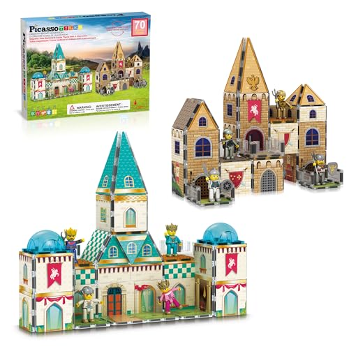 PicassoTiles 70pc Middle Age Medieval and Castle Theme Tile 2in1 8 Character Action Figures Magnet Tiles Building Block Pretend Magnetic Play Fine Motor Skill STEM Educational Construction Age3+ PTQ01 - color: Medieval and Castle