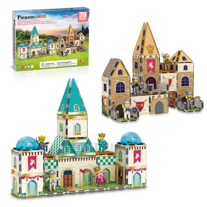 PicassoTiles 70pc Middle Age Medieval and Castle Theme Tile 2in1 8 Character Action Figures Magnet Tiles Building Block Pretend Magnetic Play Fine Motor Skill STEM Educational Construction Age3+ PTQ01 - color: Medieval and Castle
