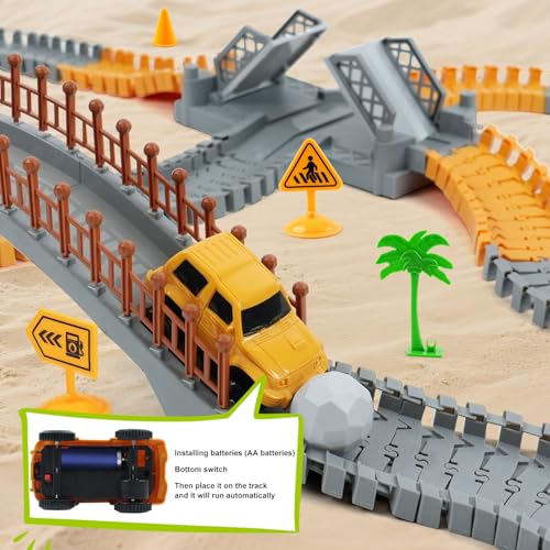 Construction Race Car Track Set for Kids - Flexible Engineering Toys with 2 Electric Cars, Birthday Gift for 3 4 5 6 7 Year Old Boys, DIY Road Games Playset with 220+ PCS - color: Construction Race Track Set