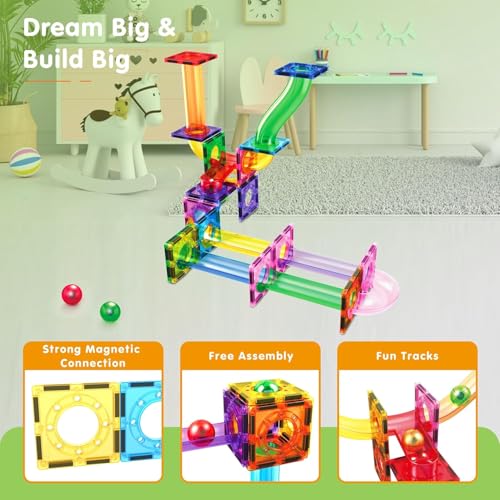 PicassoTiles Magnetic Tiles Marble Run Building Blocks Rainbow Color with Slide Drop Funnels Tubes STEM Educational Toy Set Compatible Durable Construction Kit for Kids Age 3+ Preschool Learning PTG40 - style: Marble Run 40pcs