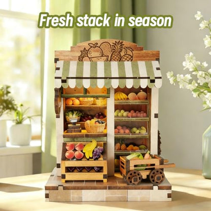 Music Park Book Nook Kit for Adults, 3D Wooden Puzzle Fruit Market with LED - color: Fruit Market