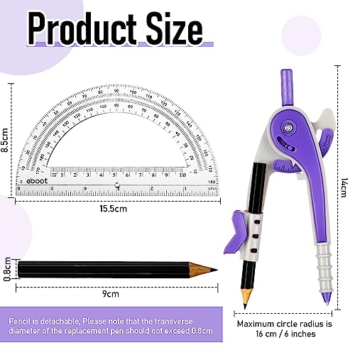 Eboot Student Geometry Math Set, Drawing Compass and 6 in, Purple - color: Purple