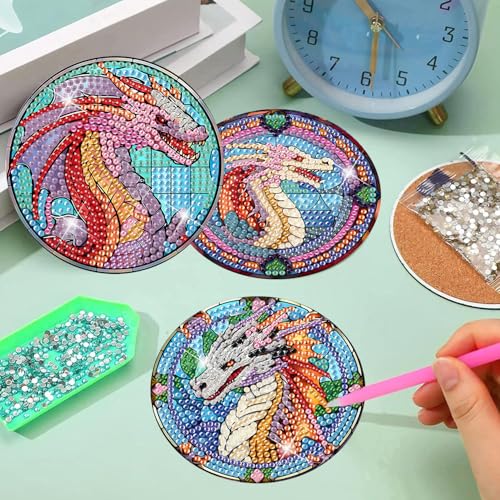 8 Pcs Diamond Art Coasters Kit for Adult with Holder, Diamond Coaster 4x4in - color: Dragon Coasters, size: 8 Pcs 4x4in