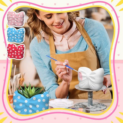 Beeveer 6 Sets Paint Your Own Coquette Bow Succulent Planter Ceramic Blank Unpainted Flower Pots DIY Paintable Porcelain Vase Kit for Kids Christmas Classroom Craft Project Activity Supplies - style: Coquette Bow