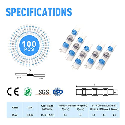 Kuject 100PCS Solder Seal Wire Connectors AWG 16-14, Blue Solder Seal Heat Shrink Butt Connectors Terminals Waterproof Wire Splice Connector for Marine Boat Wire Joint - size: AWG 16-14 Blue
