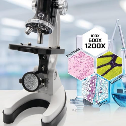Discovery #MINDBLOWN Microscope Set 48-Piece with Durable Metal Framework, 100X to 1200X Magnification, Complete Set with Test Tubes, Tools, Slides and More
