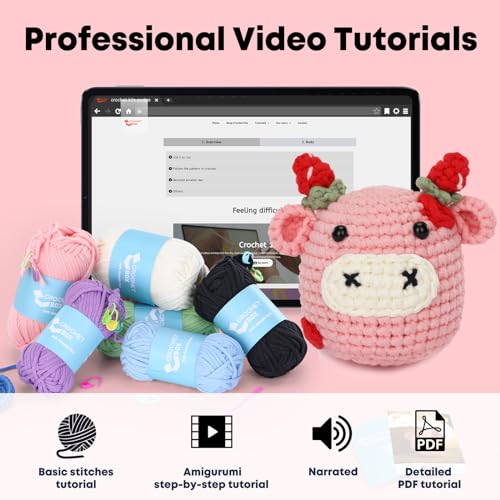 Crochet Kit for Beginners Adults - Cow Starters Crocheting Animal Kits for Teen, DIY Craft Birthday Gift with Crochet Yarns, Hook, Step-by-Step Video, Instruction and Crochet Accessories - color: Pink Cow