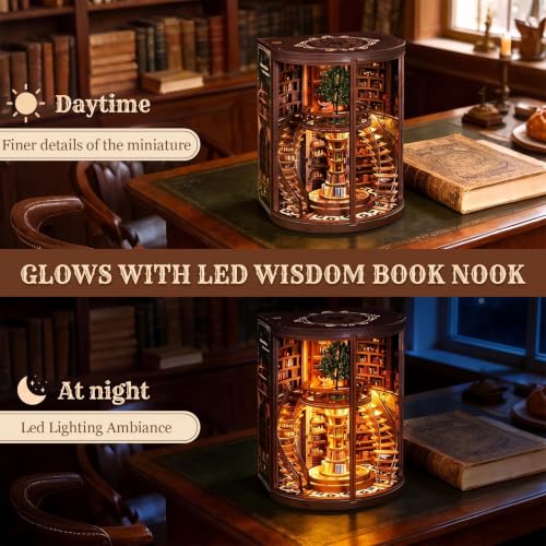 Book Nook Kits for Adults, 3D DIY Miniature Wooden Puzzle with LED Light, Adult Crafts Kits, House Bookshelf Decor, 356 Pieces Model Building Gift for Adults & Teens (Wisdom Library)