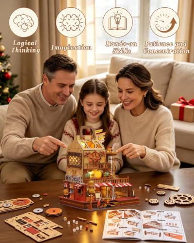 DIY Moving Miniature House Kit, 3D Wooden Puzzle Burger Joint Shop for Adults, Mechanical Model Building Kit with Music Box & LED Light Book Nook Kit