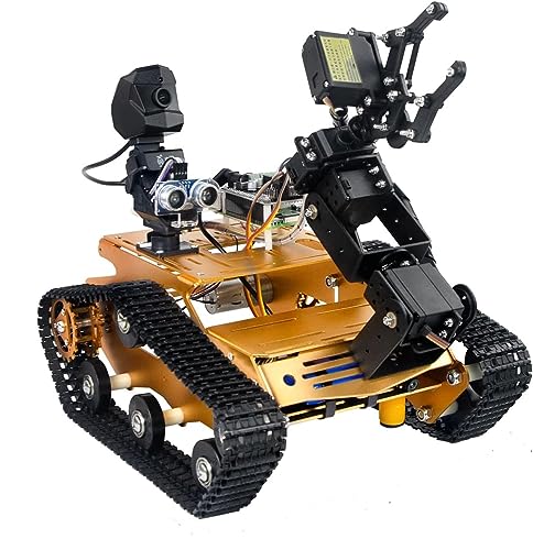 Smart WiFi Robot Kit with Raspberry Pi 5, 4DOF Robotic Arm Track Tank Chassis Robot Car with 2DOF HD Camera Ultrasonic Infrared Sensor, Programmable AI Robot Kit for Adults & Teens (Gold) - color: Gold