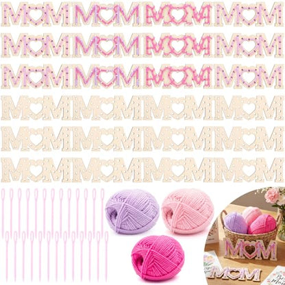 Kathfly 24 Sets Mother's Day Wooden Craft Kit, Wood Mom String Craft Ornaments with Yarn and Plastic Weaving Tools, DIY Lacing Art Hanging Decorations for Activities Handcraft Gifts - style: Mom