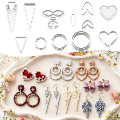 12Pcs Polymer Clay Earring Cutters, Bow Heart Circle Triangle Shapes - color: Handmade Mold