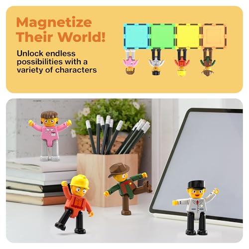 PicassoTiles Profession Character Action Figures Toddler Toy Set Pretend Play Magnet Expansion Pack Add-on STEM Construction Building Block Tile PTA02 - color: 4 Pcs Profession
