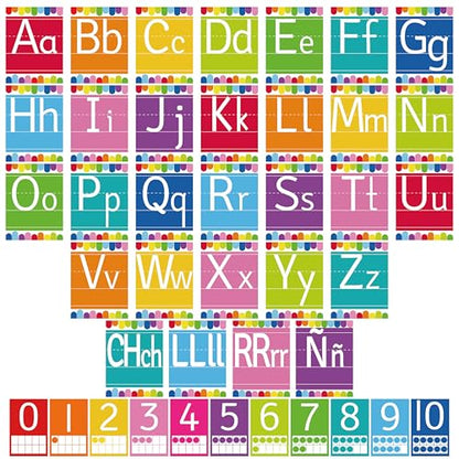 41 Pcs Bright Alphabet for Classroom ABC Posters and 0-10 Number Line Cards Colorful Letters Suitable for English Classroom and Spanish Classroom (English and Spanish ABC Bright) - color: Spanish Abc Bright