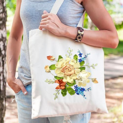Canvas Tote Bag Silk Ribbon Embroidery Kit for Beginners Arts DIY Crafts Starter Kit Include Stamped Bag Threads Hoop - color: Color #3, Beige Bag