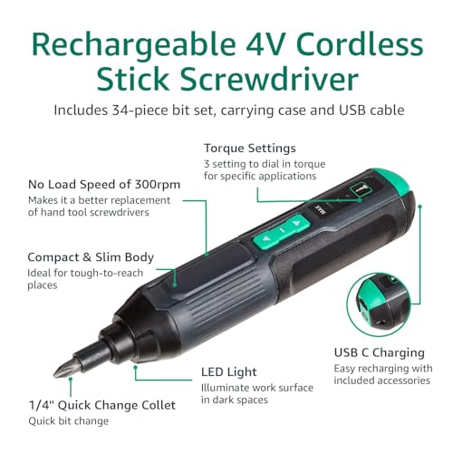 Amazon Basics by SKIL 4V Rechargeable Cordless Stick Screwdriver with 34-Piece Bit Set, Carrying Case, USB-C Charging, LED Work Light, 3 Torque Settings, Portable - style: 34-Piece Bit Set