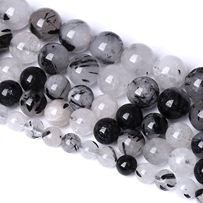 12MM 30PCS Natural Crystal Stone Black Rutile Quartz Gemstone 2A Grade Loose Beads for Jewelry Making DIY Bracelet Necklace Semi Precious Beads 1 Strand - color: Black Rutile Quartz, size: 12mm