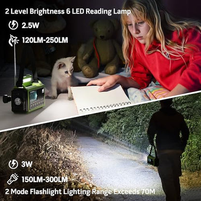Emergency Radio 5000mAh NOAA Weather FM AM SW Battery Operated 5 Way Power - color: Green with Black