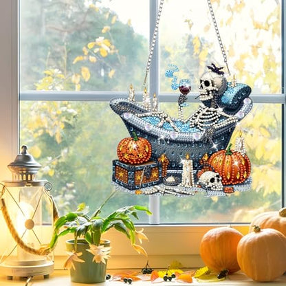 NAIMOER Halloween Diamond Art Hanging Kits for Adults, Skull 5D Special Shaped Rhinestone, DIY Acrylic Diamond Art Painting Window Pendants Home Garden Wall Hanging Ornament Kits, Double Sided - color: Halloween Skull