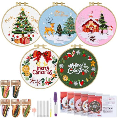 ERKOON 5 Sets Embroidery Kit for Beginners, Christmas Cross Stitch Set with Easy Pattern Embroidery Cloth Hoops Threads for Craft Lover Hand Stitch - color: 5pcs Christmas