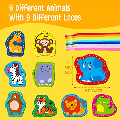 SpriteGru 9 Pieces Kids Lacing Cards, Double Sided Sewing Cards in 9 Wild Animals with 9 Colorful Laces, Imagination Development Lacing Toys Games for Children Educational and Learning Activity - color: Animals