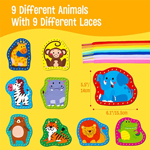 SpriteGru 9 Pieces Kids Lacing Cards, Double Sided Sewing Cards in 9 Wild Animals with 9 Colorful Laces, Imagination Development Lacing Toys Games for Children Educational and Learning Activity - color: Animals