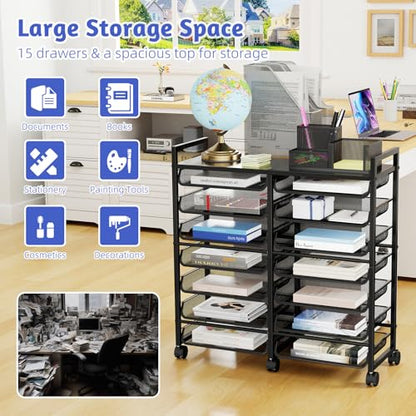 Simple Trending 15-Tier Rolling File Cart, Desk File Organizer with 14 Mesh Sliding Trays, Letter & Legal Paper Storage Rolling Utility Cart for Office Home School, Black - style: 15-Tier Black