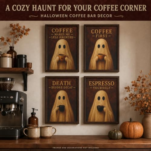 Emotional Uplifting Coffee Ghost Wall Art Set of 4, 10 x 14 in Halloween Coffee Bar Decor, Ghost Drinking Coffee Pictures for Kitchen, Cafe, Coffee Bar Sign - color: Halloween