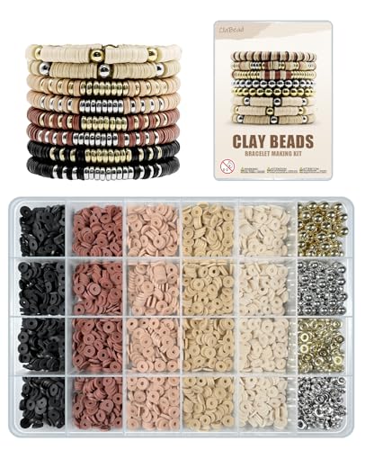 ClaBead Bracelet Making Kit 3200Pcs, Clay Beads Bracelet Kit with Gold Beads and Sliver Beads (Earth Tone) - color: Earth Tone