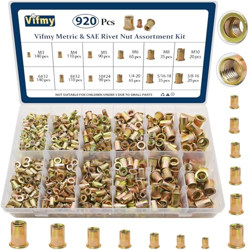 SAE & Metric Rivet Nut Assortment Kit 920 Pcs,Zinc Plated Rivnut - color: Yellow, size: SAE & Metric Assortment - 920 Pcs