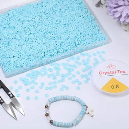 4000pcs Light Blue Clay Beads,6mm Heishi Bead Polymer Flat Round Disc Bulk Beads for Jewelry Making,DIY Friendship Bracelet and Necklace Craft - color: Light Blue