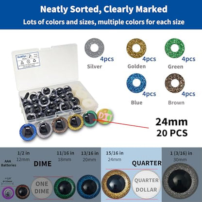 RuWfpz Safety Eyes for Crocheting Amigurumi Glitter 24mm Large 5 Colors - size: 24 mm