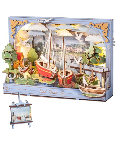 Rowood Red Boat 3D Puzzles for Adults,Wooden Claude Monet Painting Artwork Craft Kits for Adults,DIY Wall Art Building Set with LED,Home Decor Table Art Collection Gift on Christmas - style: Red Boats