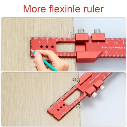 Pocket Ruler Woodworking T-Ruler 3pcs Aluminum Woodworking Rulers Scribing Ruler with Metric/Inch Measurements (Red)