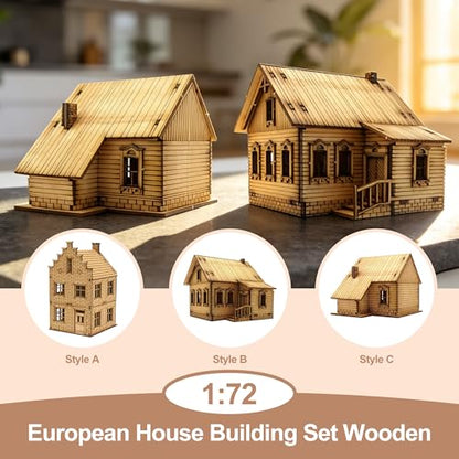 1/72 Scale European House Model Kit – Wooden 3D Puzzle for Adult Hobbyists, Paintable Architectural Display Craft. (Antique) - style: Antique