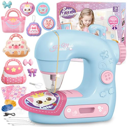 deAO Kids Mini Sewing Machine Pretend Play Arts Craft Toy Kit with Lights