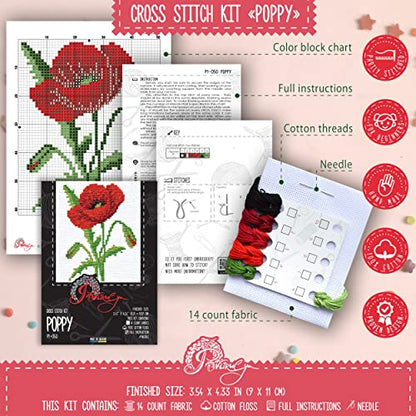 Povitrulya Red Poppy - Counted Cross Stitch kit for Hand Embroidery - DIY Easy Flower Set for Adult Ors - color: Red poppy