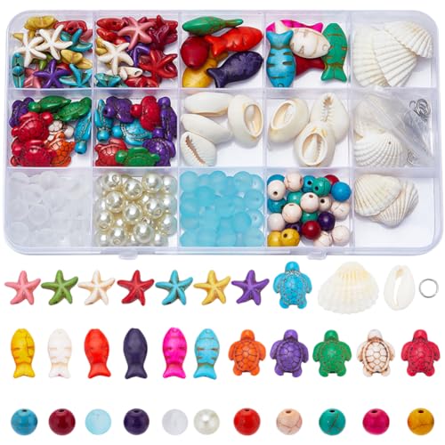 SUNNYCLUE 1 Box 200+Pcs Turtle Beads Starfish Beads Bulk Bohemian Style Natural Shell Charms Colorful Fish Charm Summer Ocean Sea Animal 8mm Round Glass Spacers for Jewelry Making Beading Kits - color: Boho Styles Beads Kit-2