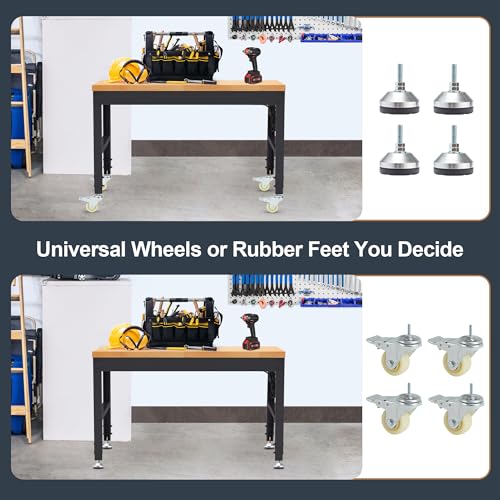HABUTWAY Height Adjustable Workbench with Wheels 48" x 24" 2000 Lbs Capacity Solid Wood Work Station Heavy-Duty Rolling Work Tables for Garage Party Shop Office - size: 48"x24"x40.6"