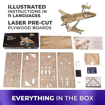 UGEARS NASA Space Shuttle Discovery - Wooden Models to Build for Adults - Space Shuttle Model Kit - Mechanical 3D Puzzle Wooden Model Kit for Adults - Spacecraft Model with Detailed Features