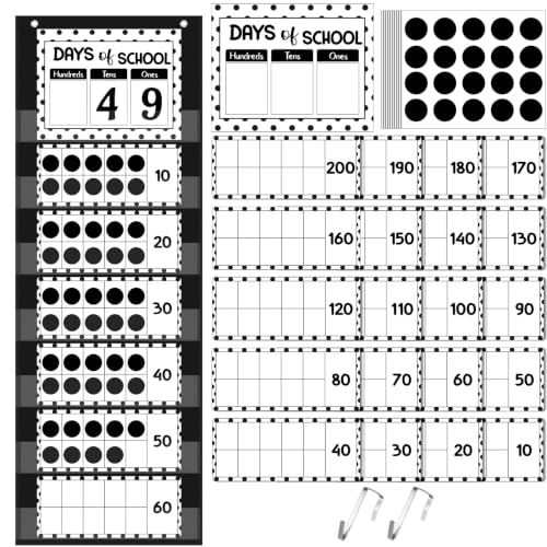 Funrous Days of School Pocket Chart Number of The Day Countdown Posters Back to School Black White Dots Countdown Bulletin Board Decor Hundreds Tens Ones Place Value Chart Cards for Classroom Home - style: Dots