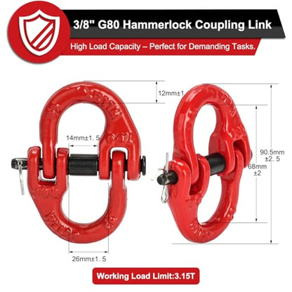 G80 Safety Chain Connector Link, 3/8" Hammerlock Coupling Link - size: 3/8" (2 Pack)