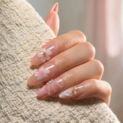 Press on Nails, 6 Packs (144 Pcs) Short Almond French Sets, 3D Floral - color: 3D Floral