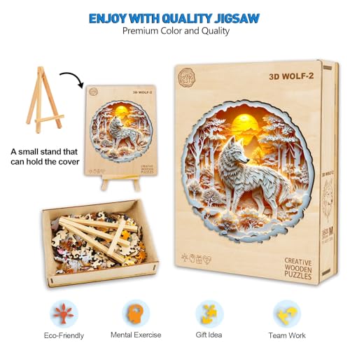 Wooden Puzzles for Adults, Flat Wolf Puzzles with 3D Visual Effect - color: 3d Wolf-2, size: Medium